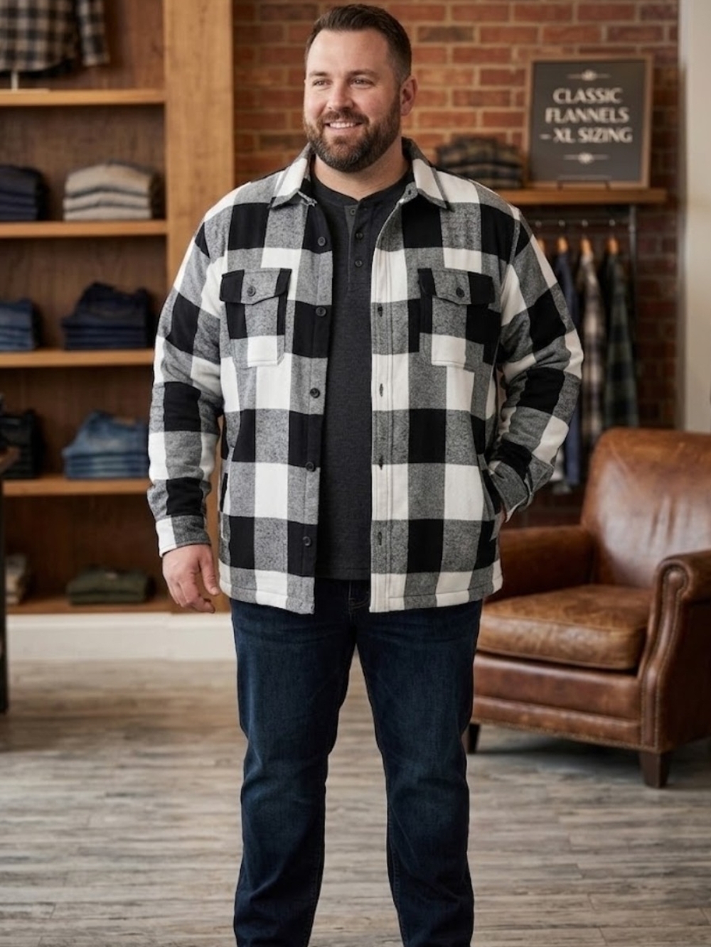 Men's Black & White Buffalo Plaid Flannel Jacket
